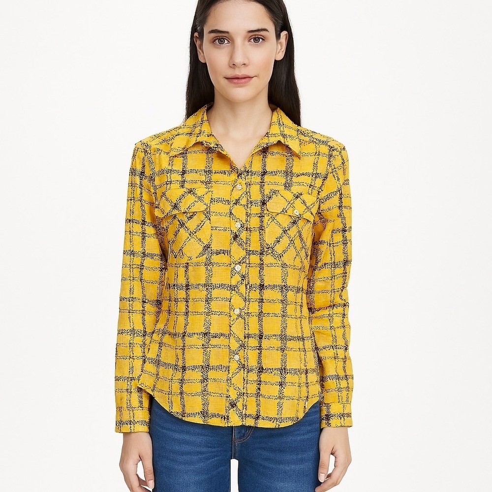 N Y Collection Yellow and Black Long Sleeve Blouse Medium